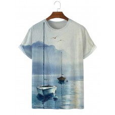 Art Hand Painted Watercolor Boat Short Sleeve T-Shirt