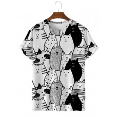 Men's Cat Print Casual Round Neck Short Sleeve T-Shirt